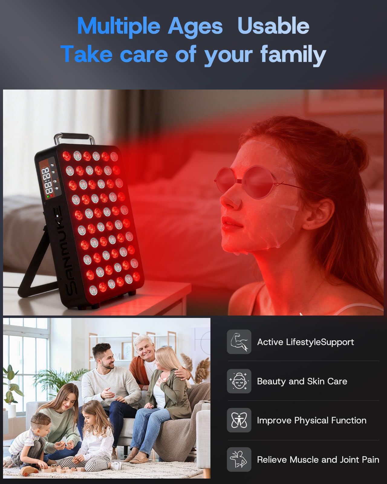 SANMUKE Red Light Therapy Panel, 660nm Red & 850nm Near Infrared Light Therapy Device for Face & Body, 60 PCS 45mil Individual High-Power LEDs with Remote Control Adjustable Angle & Timer Function