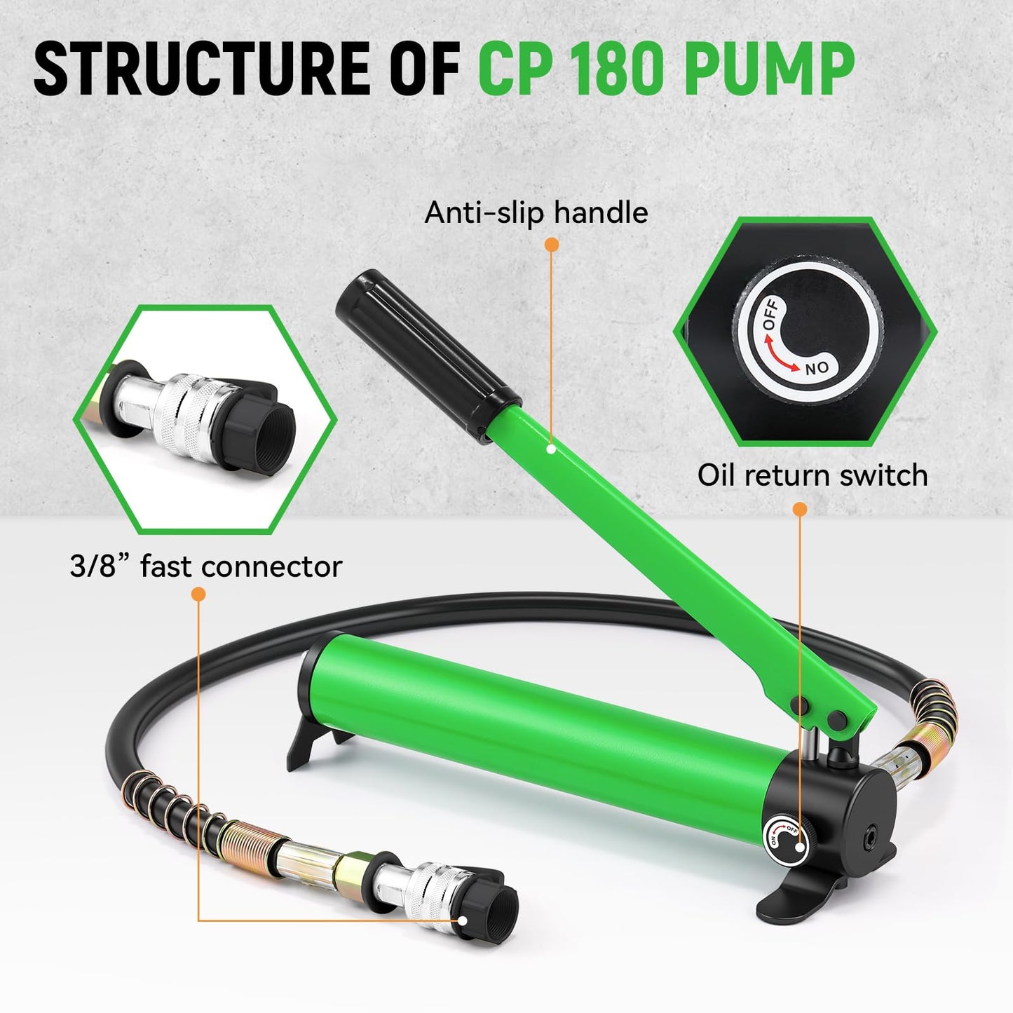 Newhai Hydraulic Porta Power Kit 10 ton Hydraulic Ram Jack + cp-180 Hand Pump Hydraulic Lifting Cylinder Tool Retract Automatically for Industrial Factory DIY Use