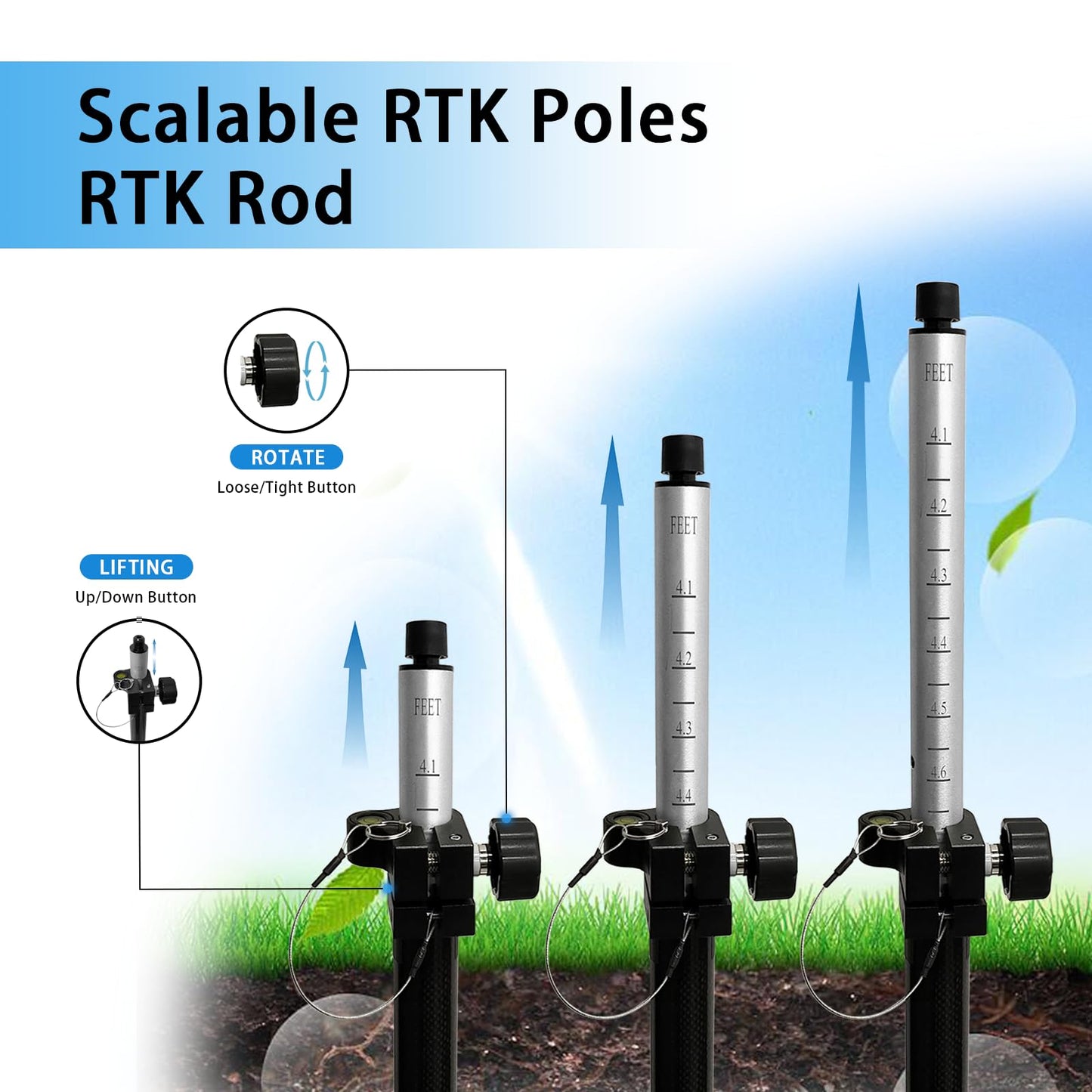 2.2M/7.22FT Carbon Fiber and Aluminum GPS Pole with Carry Bag, Telescopic Range Pole of Level Bubble, Rover Rod RTK GNSS Surveying Tool, Portable Prism for Surveying & Engineering, Meter and Feet, Universal Standard