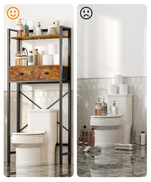 HOOBRO Over The Toilet Storage Rack with 2 Drawers, 3-Tier Bathroom Organizer Shelf Over Toilet, Freestanding Space Saver Bathroom Toilet Shelves Above Toilet for Room, Rustic Brown and Black BF47TS01
