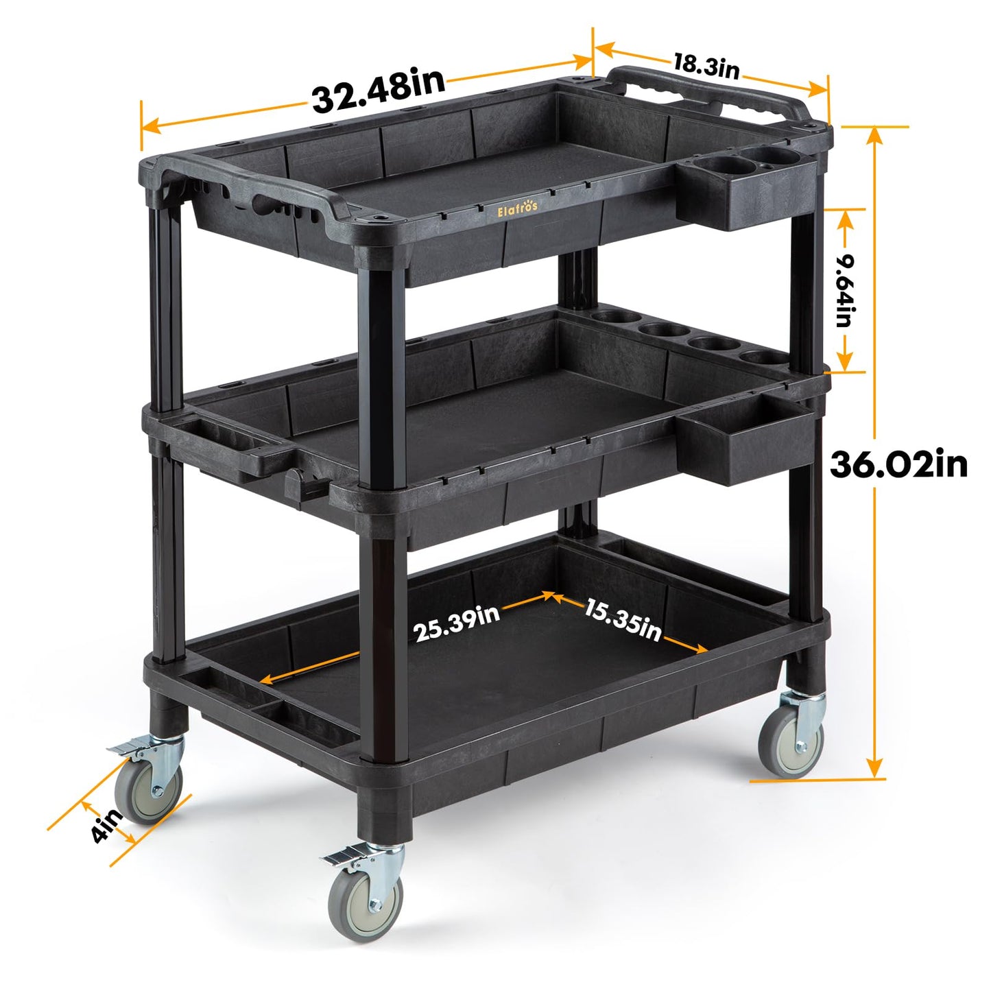 ELAFROS Multi-Use Utility Cart - 32.4x18.3 Heavy-Duty Service Cart with 3 Deep Shelves, Industrial-Grade Tool Cart Mobile Organizer, Rolling cart Holds up to 500 lbs, Black