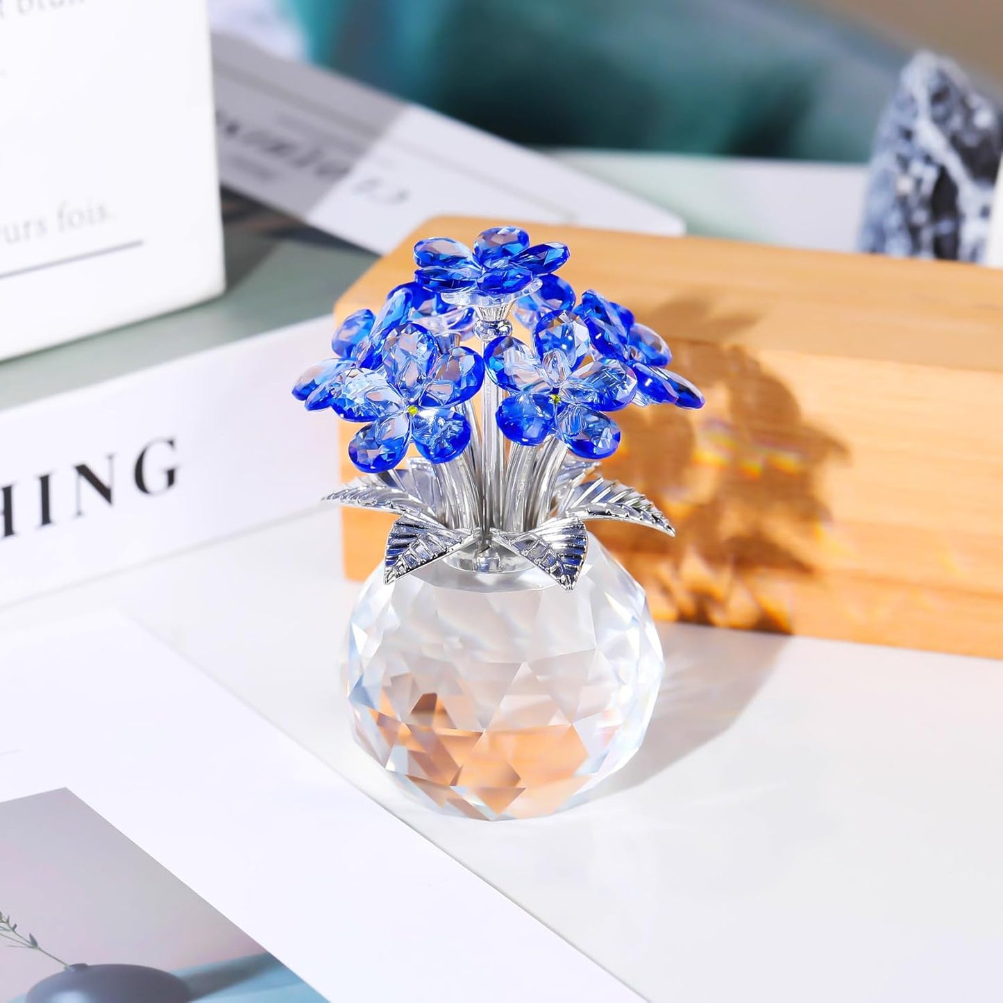 YWHL Blue Crystal Forget-Me-Not Flowers | Handmade Glass Flower Bouquet Figurine for Tabletop Decor