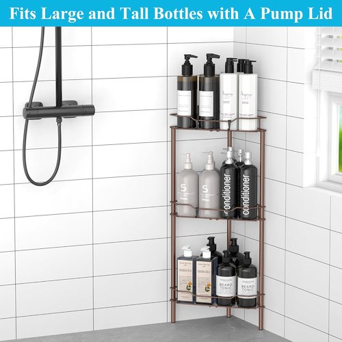 HuggieGems Corner Shower Caddy Organizer - 3 Tier Floor Standing Shelf with Hooks | Bathroom Storage Rack