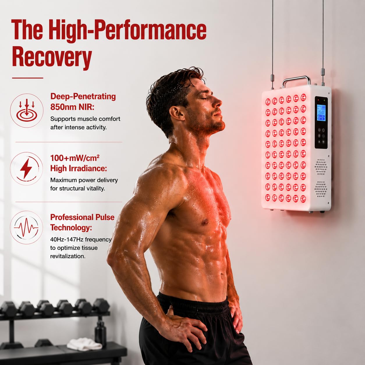 Red Light Therapy Panel for Body & Face – 660nm Red + 850nm Near Infrared Light, Adjustable Intensity & Pulsing, Quiet Cooling, Stand & Door Mount for Active Restoration & Skin Wellness