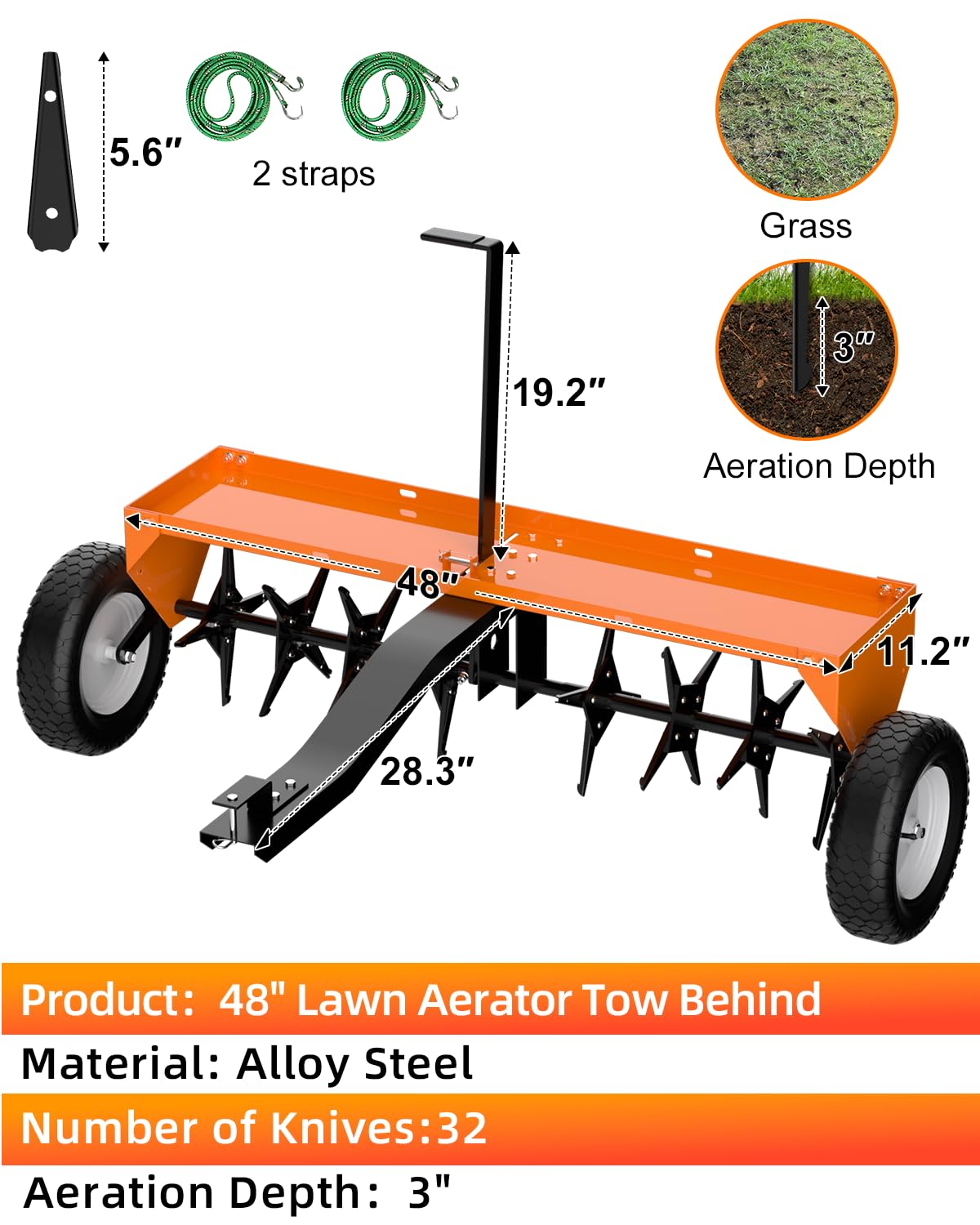 48" Tow Behind Aerator, Pull Behind Lawn Aerator Tool with Universal Hich, 32 Rust-Proof Knives & Heavy-Duty Tires, Plug Aerator for Yard & Garden Compacted Soil, Fits Lawn Tractors, ATV, UTV, Orange