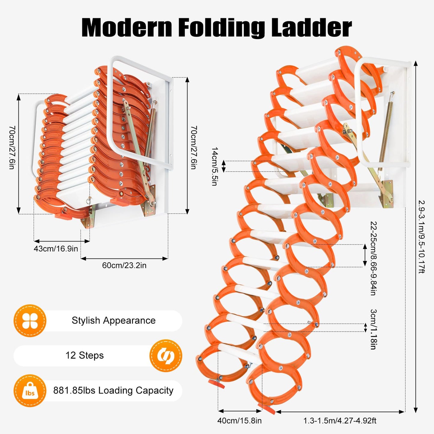 12 Steps Wall Mounted Attic Loft Ladder, Alloy Retractable Telescoping Ladder with Handrails, Folding Ladder Loft Stairs 880lbs Capacity, Attic Pull Down System for Height 9.5-10.17ft, Orange