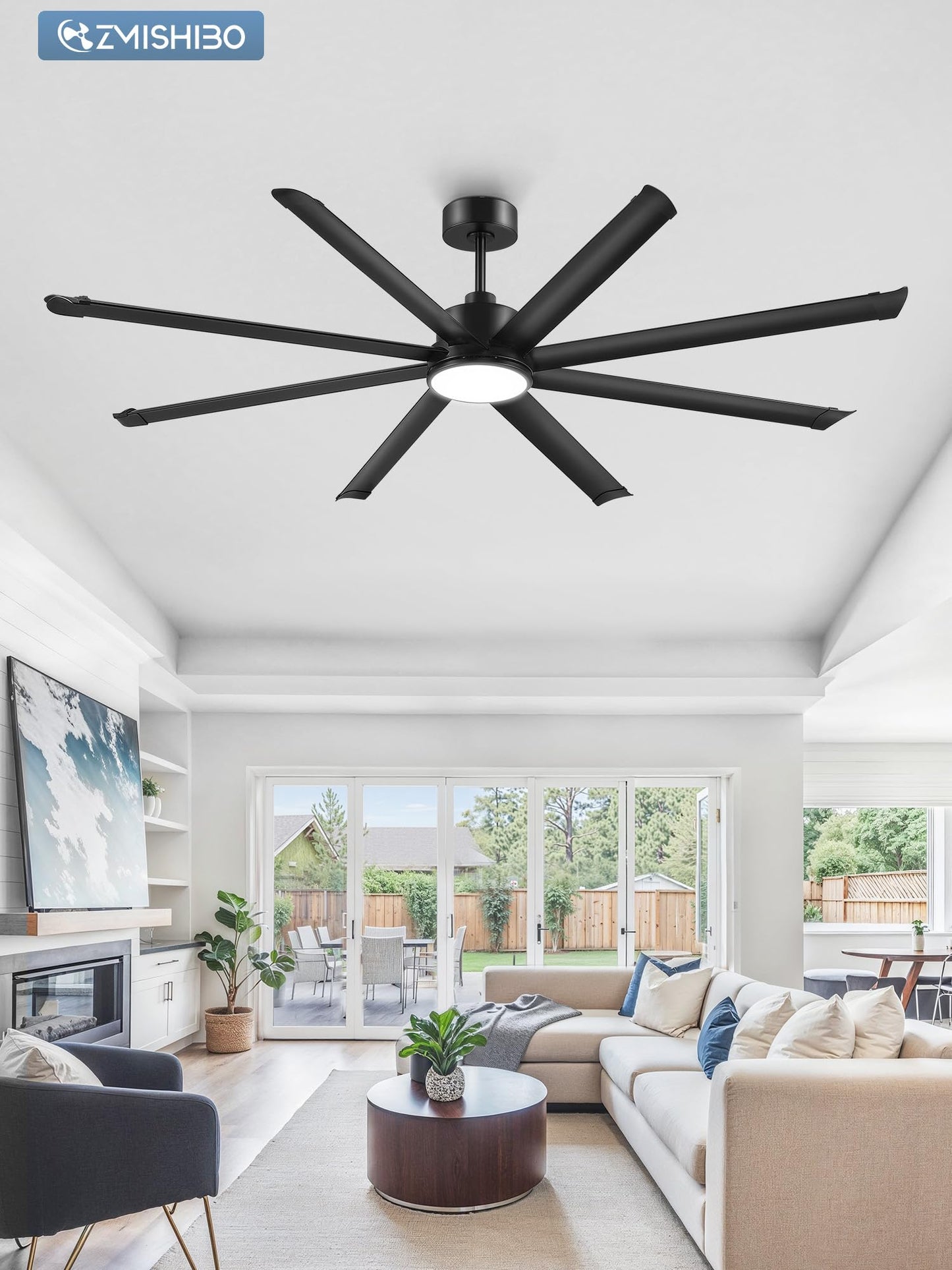 ZMISHIBO 84 Inch Ceiling Fans with Lights, Indoor/Outdoor Industrial Ceiling Fan with 8 Aluminum Reversible Blade, Quiet DC Motor, 3CCT&6-Speed Remote Control, Damp Rated for Living Room/Garage/Gazebo