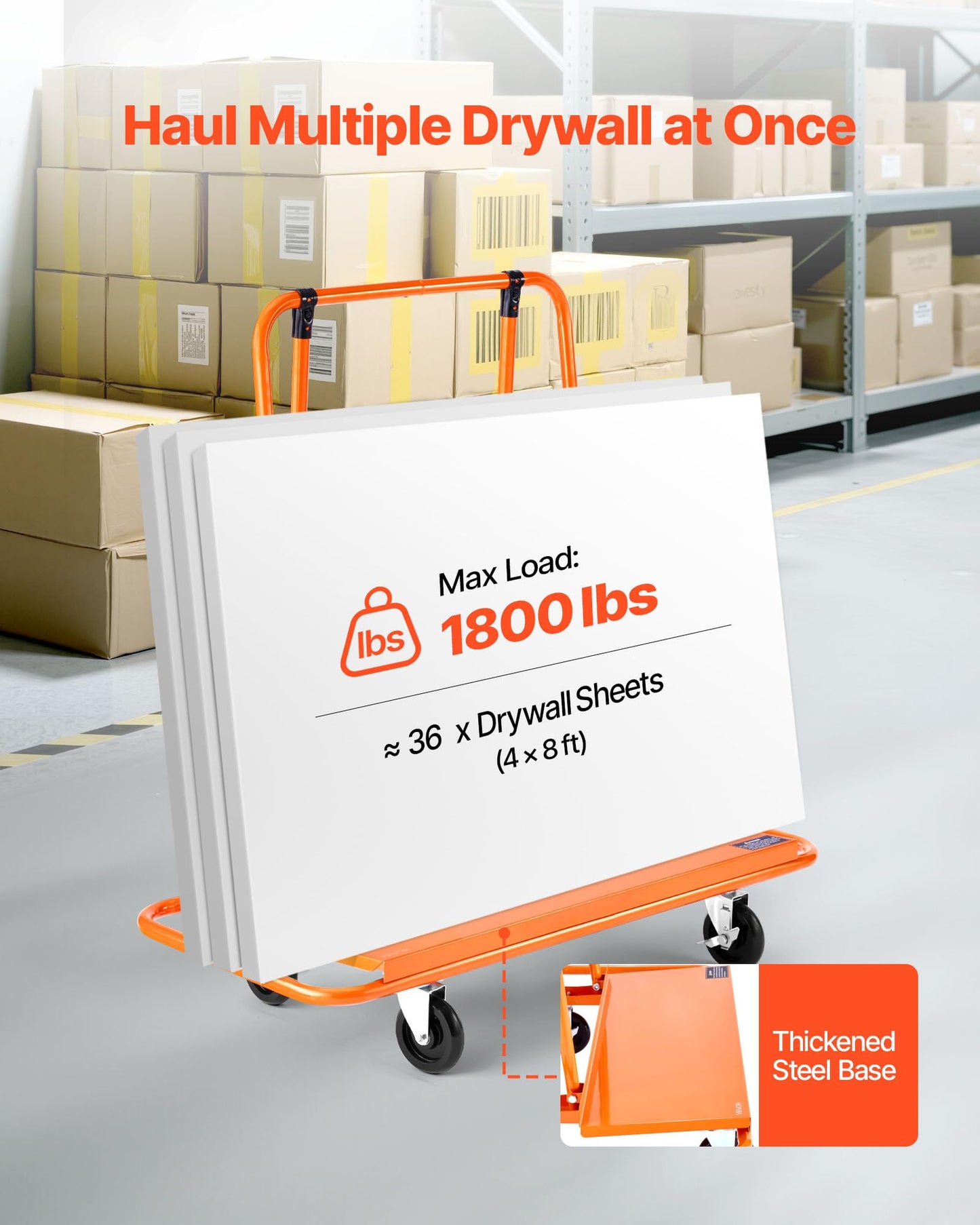 VEVOR Drywall Cart Dolly, Steel Panel Dolly with 4 Swivel Casters, Durable & Long-Lasting, Panel Truck Cart with Tie-Down Strap for Plywood, Plasterboard, Glass, Orange