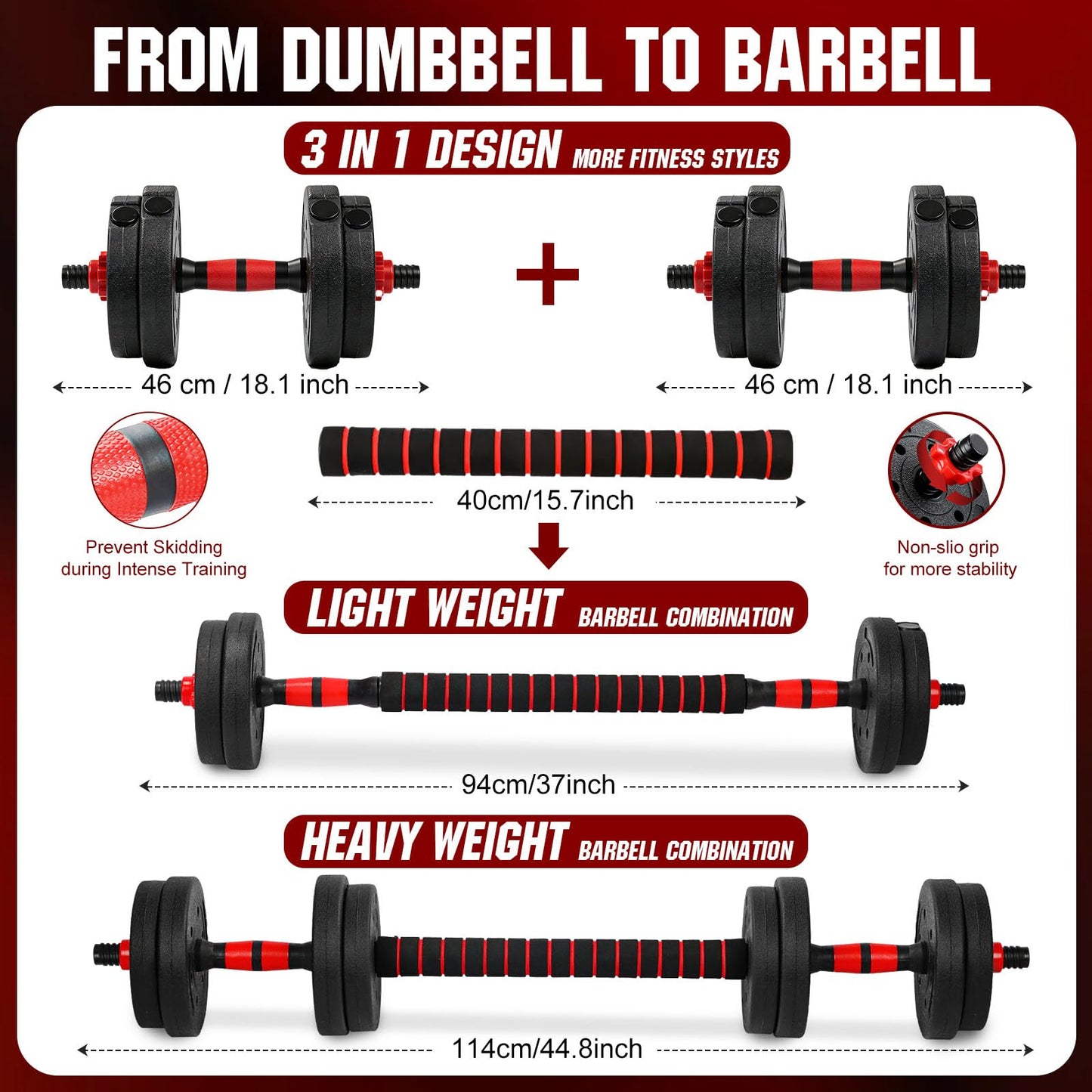Adjustable Weights Dumbbells Set, 20lbs Free Weights with Connector, Convertible Dumbbell Barbell Push-up Stand Set, 3 in 1 Home Gym Fitness Weight Set for Men and Women