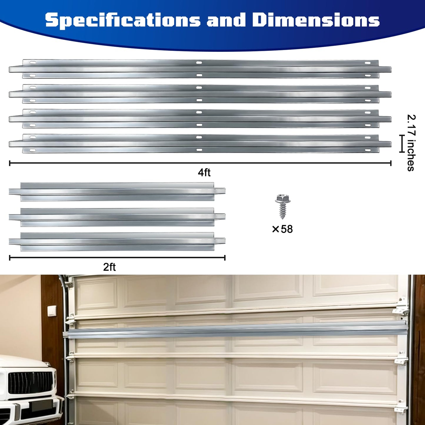 16FT Garage Door Strut, 4 PC 4 FT Garage Door Hurricane Brace Kit with 3 PC 2 FT Garage Door Reinforcement Connector & 58 Mounting Screws, Pre-drilled Universal Brackets for DIY