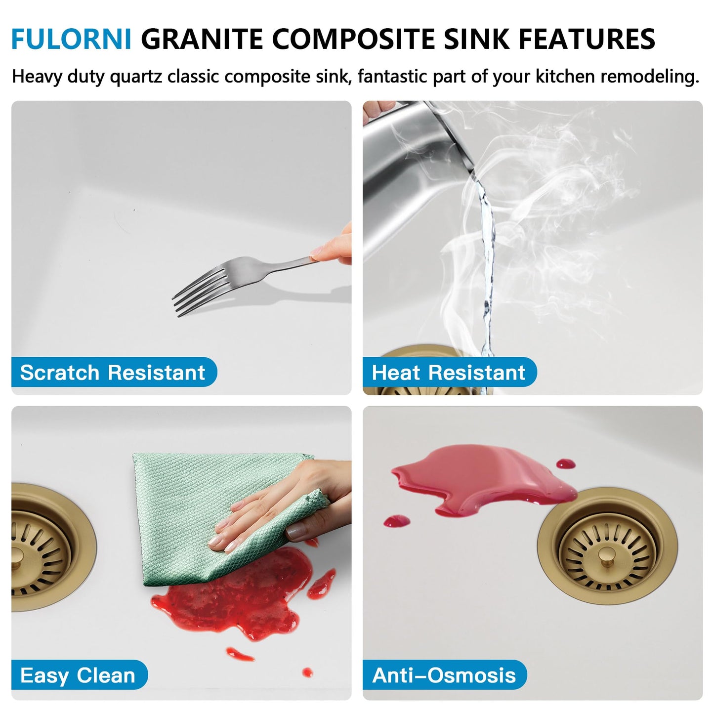 Fulorni 21"×20" Drop In Wet Bar Sink Workstation - White Granite Composite Quartz Classic Top Mount Single Bowl Outdoor Kitchen Bar Prep RV Sink Basin