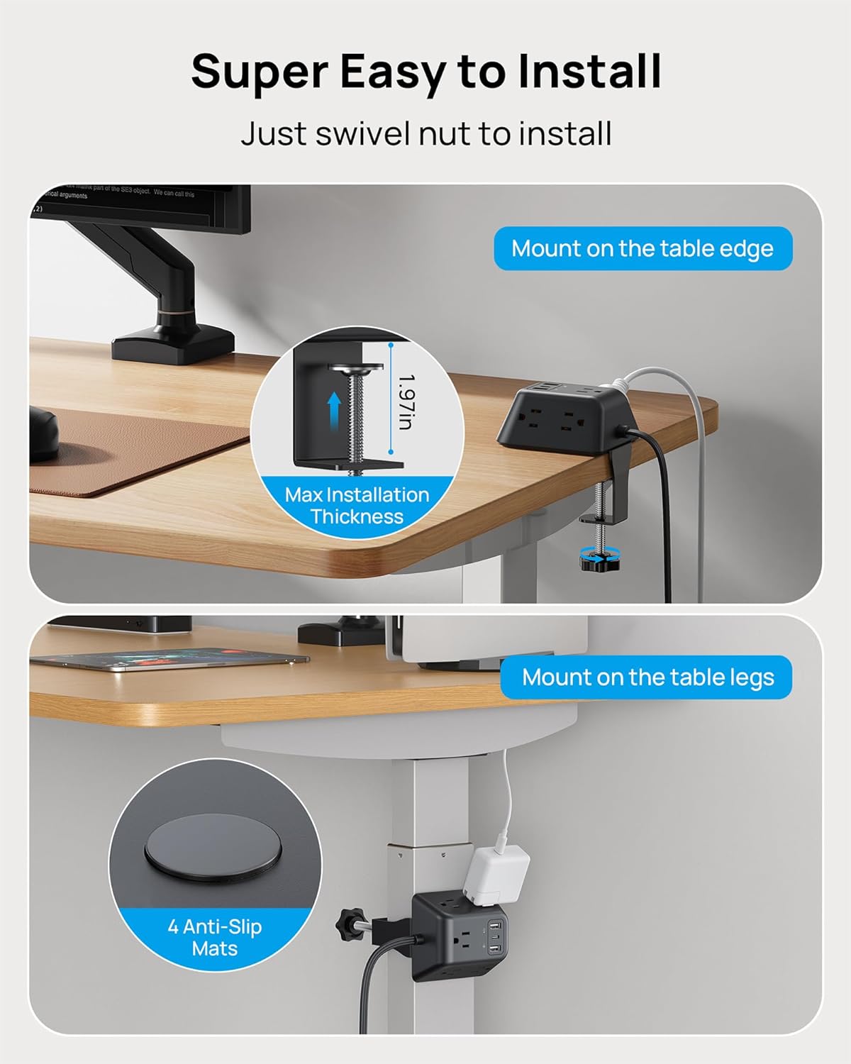 TROND 5 3 1.97in 10FT Desk Clamp Power Strip, Surge Protector with AC Outlets and USB Ports, Desk Mount Charging