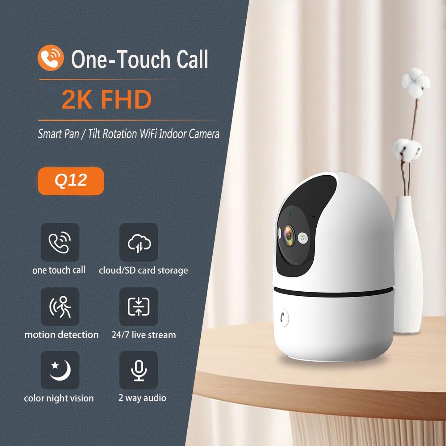 Generic 2K 24/7 2 WiFi Cameras for Home Security with Live Video, Siren/Spotlight, Indoor Security Camera for House