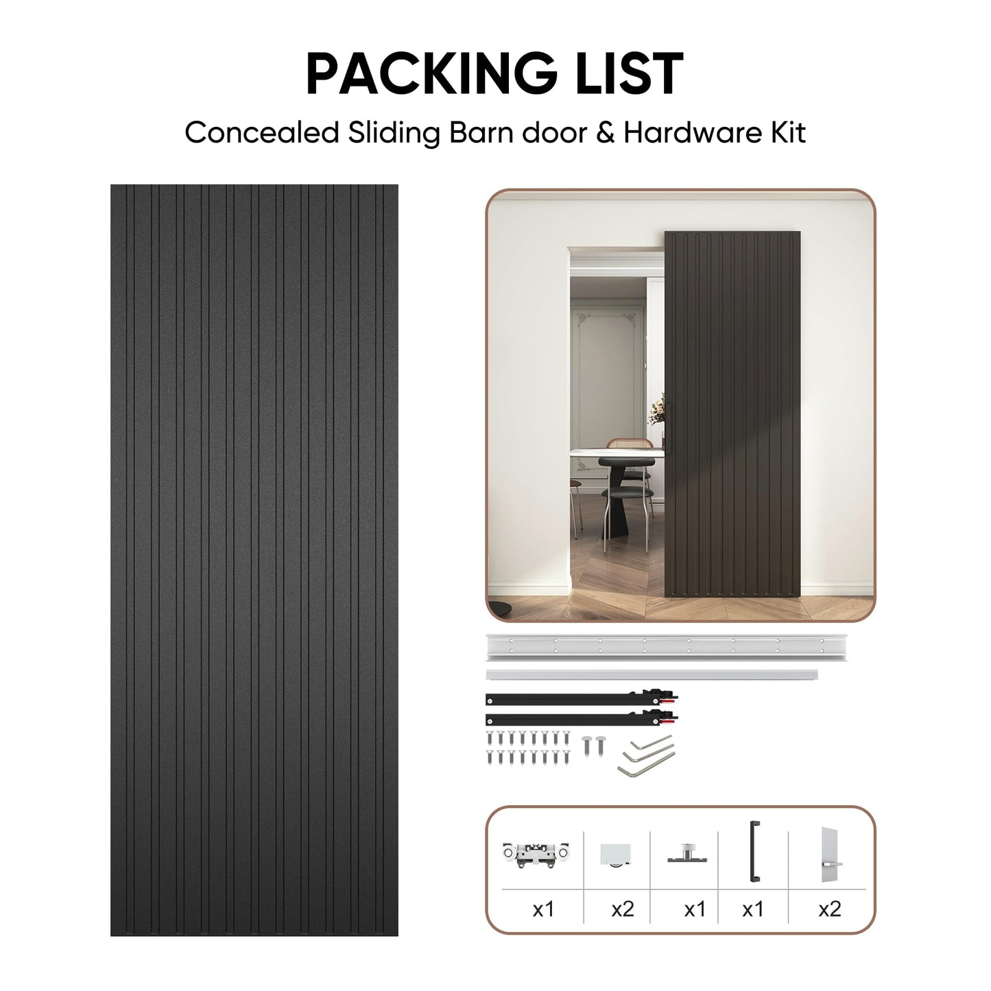 JUBEST 32"x86" Concealed Sliding Barn Door with Soft Close Hardware Kit, Black Hidden Door for Opening 24"-28"x84", Waterproof and Modern, Smooth Sliding, for Interior Using, Widely Used