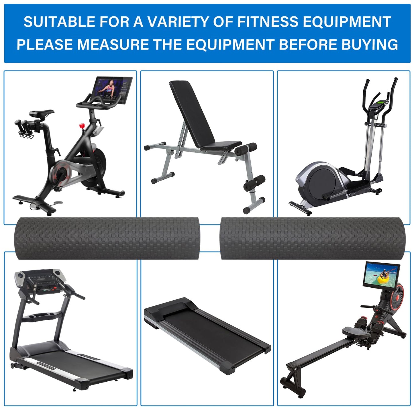2PCS Fitness Equipment Mats and Floor Protector, Non-Slip Mat Rowing, Rowing Machine Bike Mat for Carpet & Hardwood Floors, Exercise Bike Mats (Two Pieces:36 * 12 inch)