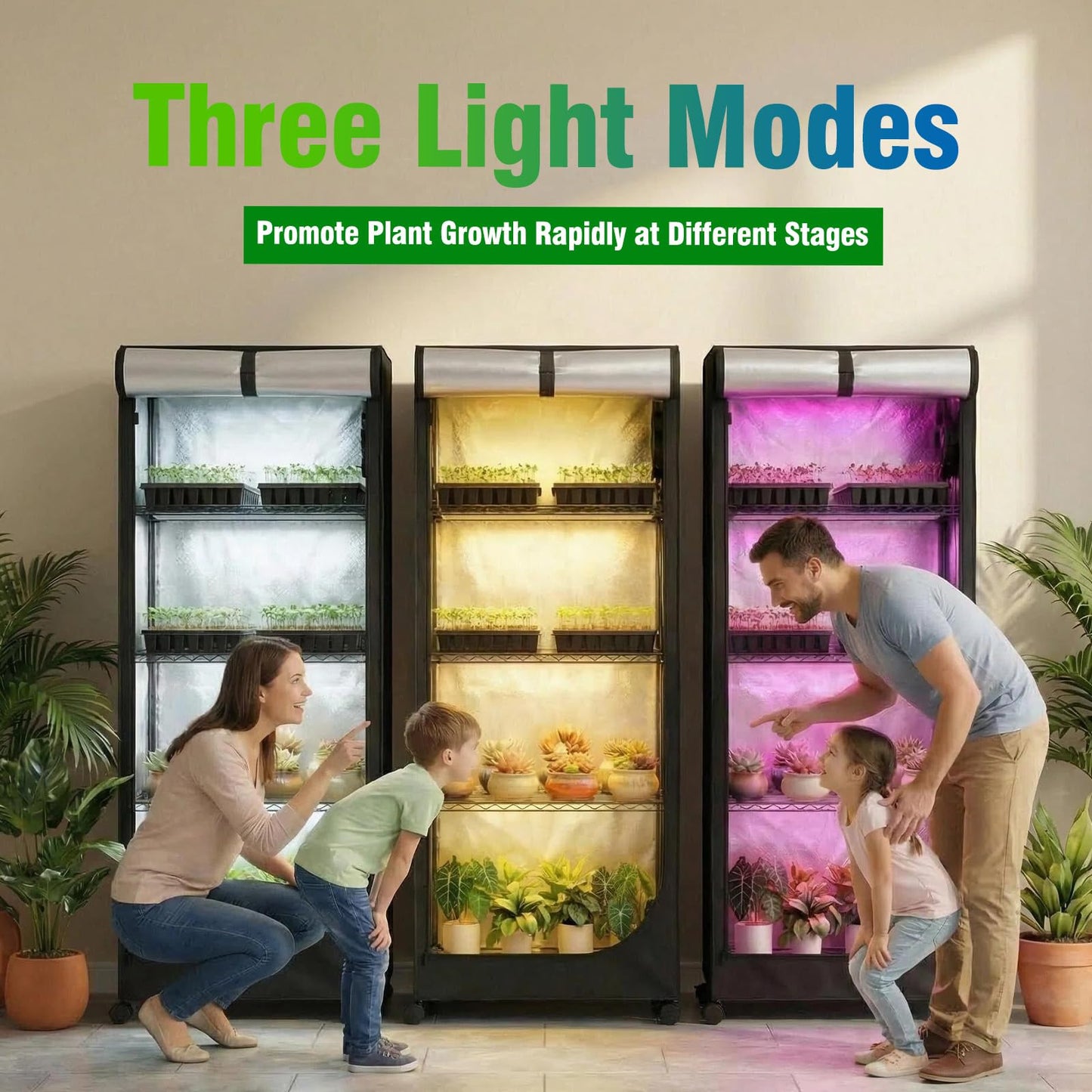 Indoor Greenhouse with Grow Light - 5 Tier DIY Plant Shelf with Cover, 4 Pack 48W Full Spectrum Grow Lights with Timer & 3 Color Mode for Indoor Plants, Seed Starting, Seed Tray 22x11.8x61 Inches