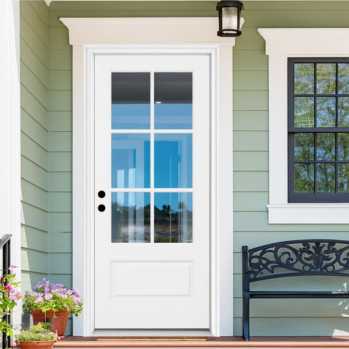 KHSHOW 36 x 80 Fiberglass Entry Door with Brickmould, Vinyl Frame,6 Lite 3/4 View Clear Low-E Glass-Right Hand Inswing-White Smooth Prime Knock-Down Door