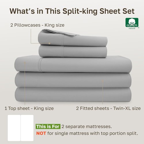 California Design Den Split King Sheet Set - 100% Cotton, 400 TC, Silky Smooth Sateen, Deep Pockets - Light Grey