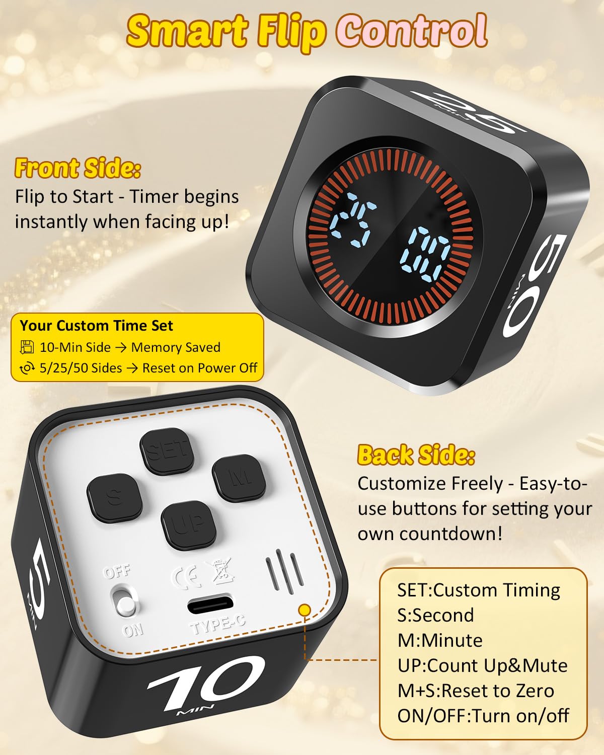 COWVTUJ Digital Pomodoro Timer Cube 5/10/25/50min, Visual Productivity Flip Timer for Kids Classroom Desk, Custom Countdown, Silent and Sound Mode for ADHD Study Work Game Kitchen (Black)