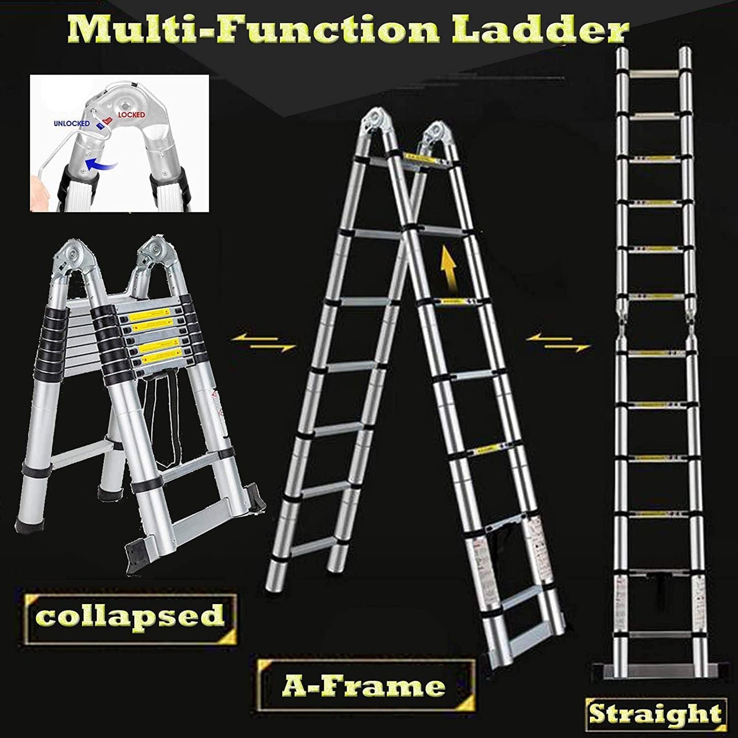 A-Frame Telescoping Ladder 12.5ft 6 + 6 Steps Adjustable Height with Support Bar Anti-Slip Feet, 330lbs Max Load, Folded Height 2.7ft Space Saving Easy to Transport, Heavy Duty RV Home Ladder