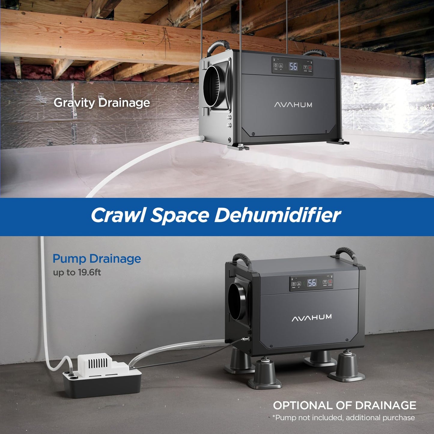 120 Pint Crawl Space Dehumidifier Commercial Dehumidifier for Basement,Ducted Whole House Dehumidifiers with Drain Hose,for Attic, Garage, Home, Industrial, Water Damage,24H Timer,Auto Defrost