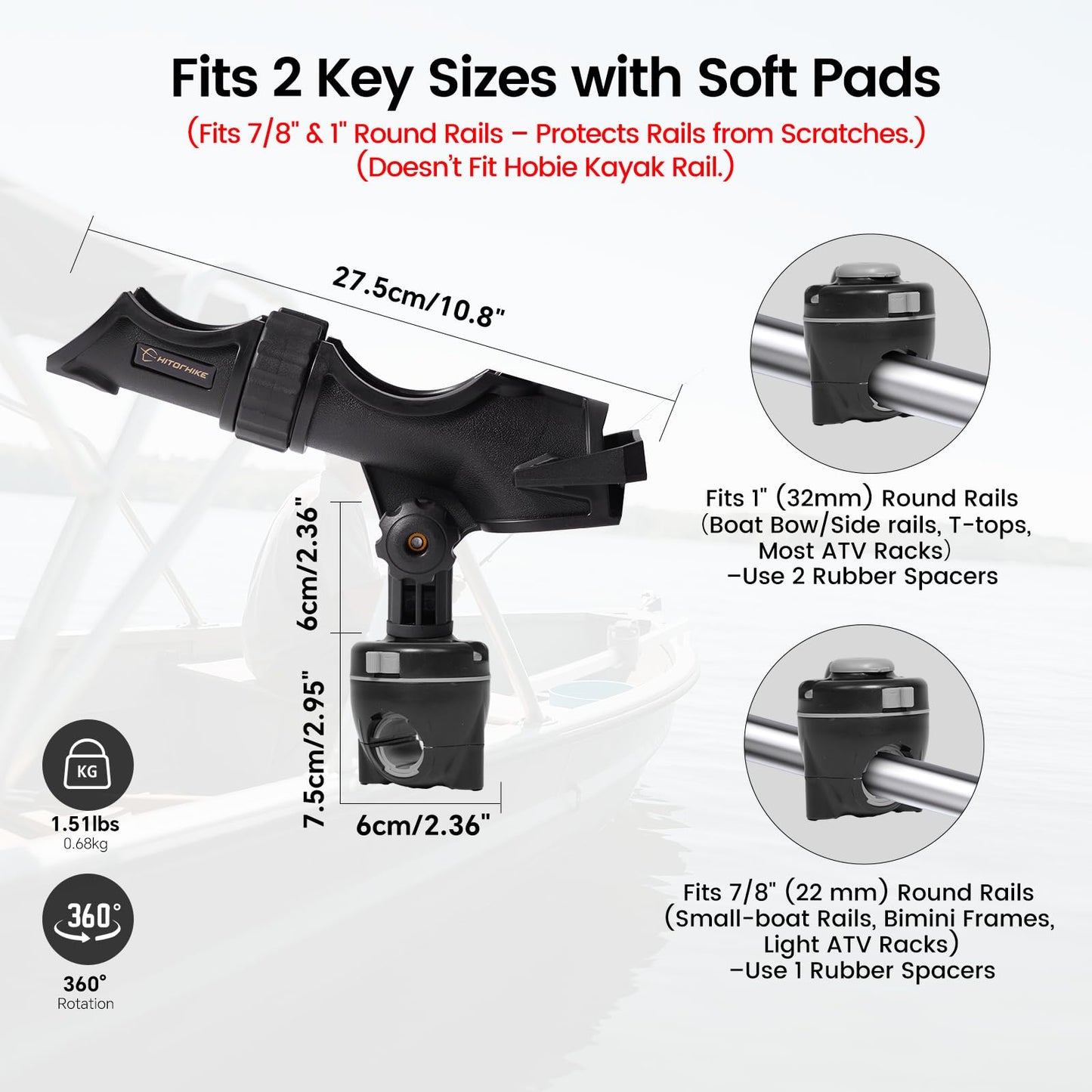 Hitorhike Fishing Rod Holder Universal Fit Kit with Mount Allows for 360-degree Adjustment Kayak Fishing Boat Rod Holder (Fishing Rod Holder x2+Rail Mount x2)