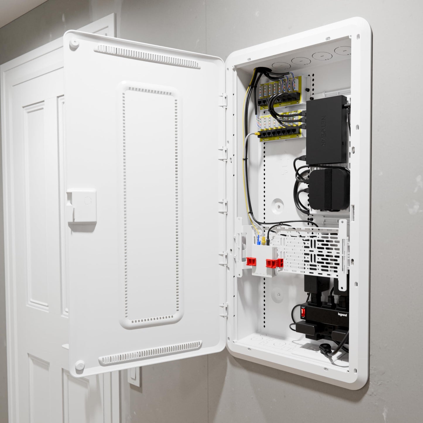 Legrand - On-Q 30 Inch Media Enclosure, WiFi Electrical Box, Cable Management Box for Distribution of Networking Service, Recessed Media Box Lets Signal Through, White, ENP3050NA