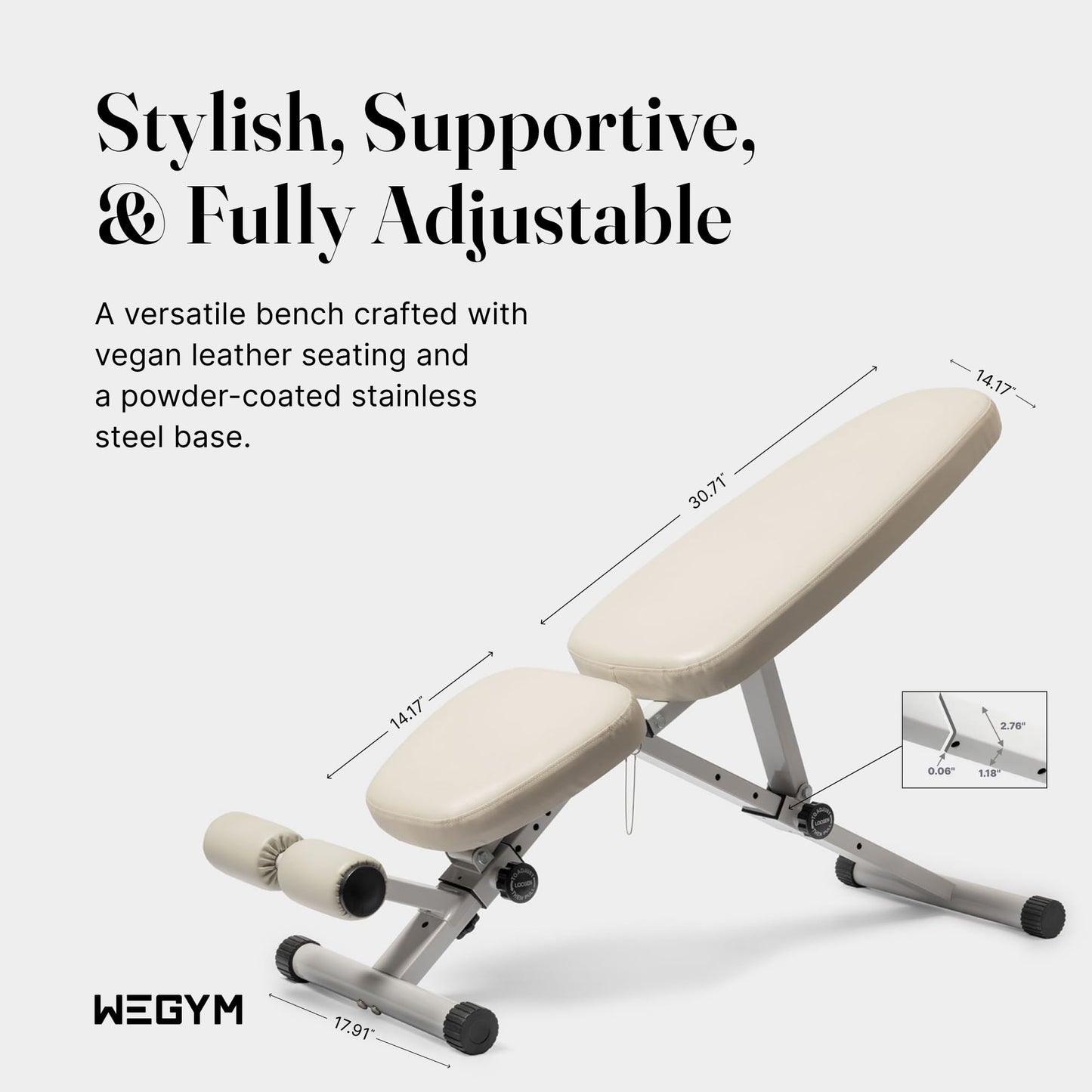 WeGym Collapsible Workout Bench, Adjustable Fitness Bench with 50 Configurations, Vegan Leather, Extra Wide 14in Seat for Home Gym Strength Training (Sandstone)