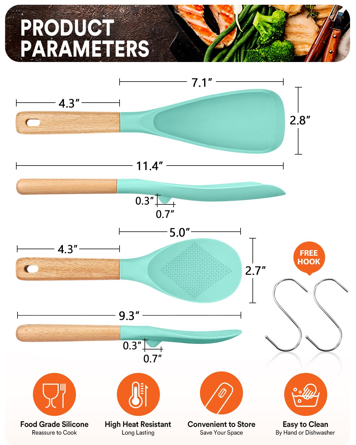 Cooking Spoon and Rice Scooper for Nonstick Cookwares, Great for Cooking and Serving Sturdy BPA-Free Matte Silicone, Wood Handle Spoon for Mixing, Scoop, and Scrape (GREEN)