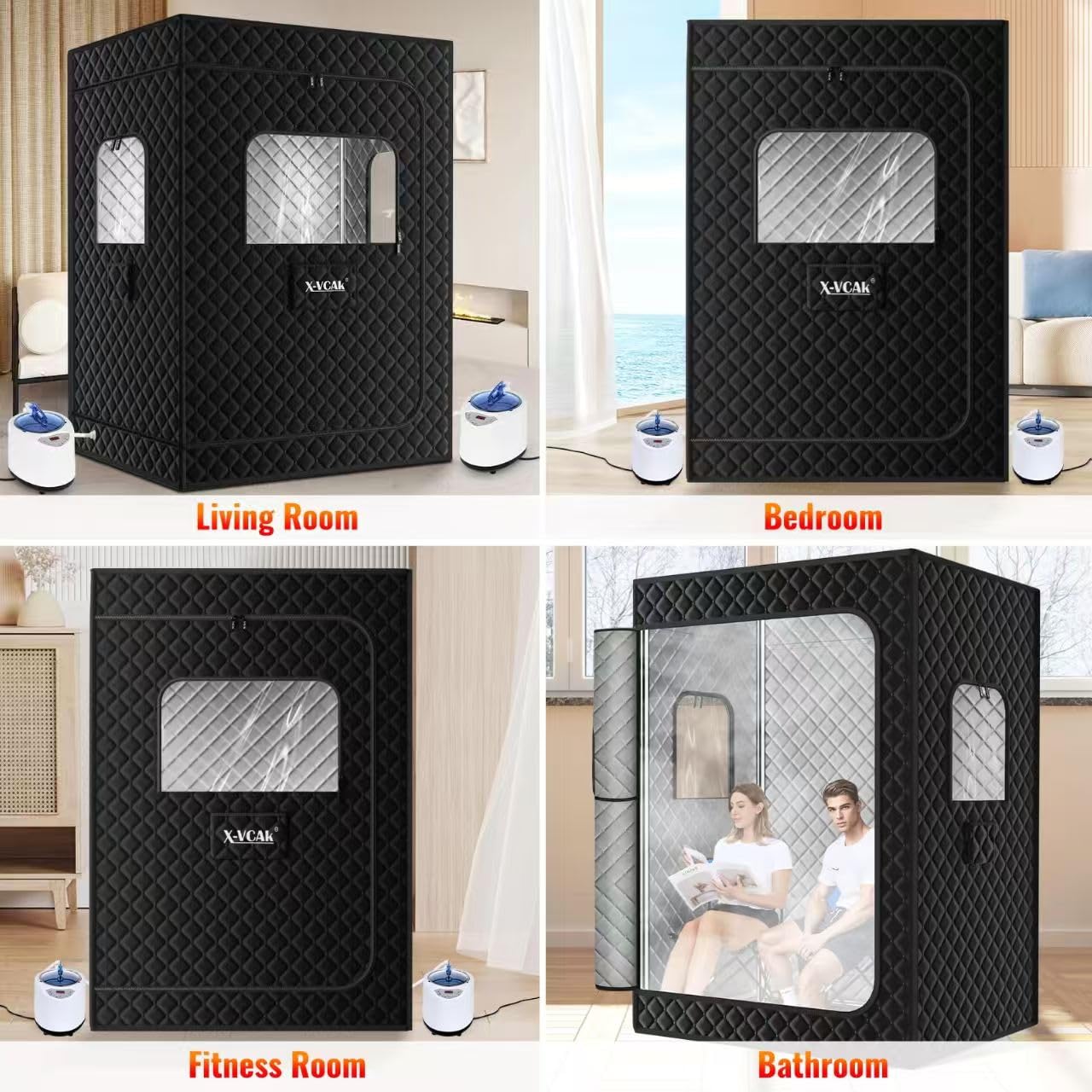 X-Vcak 2 Person Sauna, Extra Large Sauna, Portable Steam Sauna Tent with 2 Steamers, 2 Folding Chair, 71”x 49”x 36”, Black