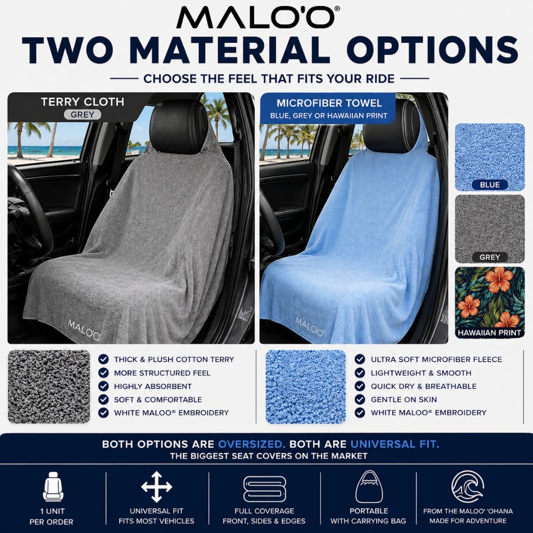 Malo’o SeatGuard Seat Cover – Microfiber Towel or Premium Terry Cloth w/Nylon Backing – Universal Car Seat Protector for Beach, Gym, Surf, Pets & Travel – Quick Dry, Machine Washable