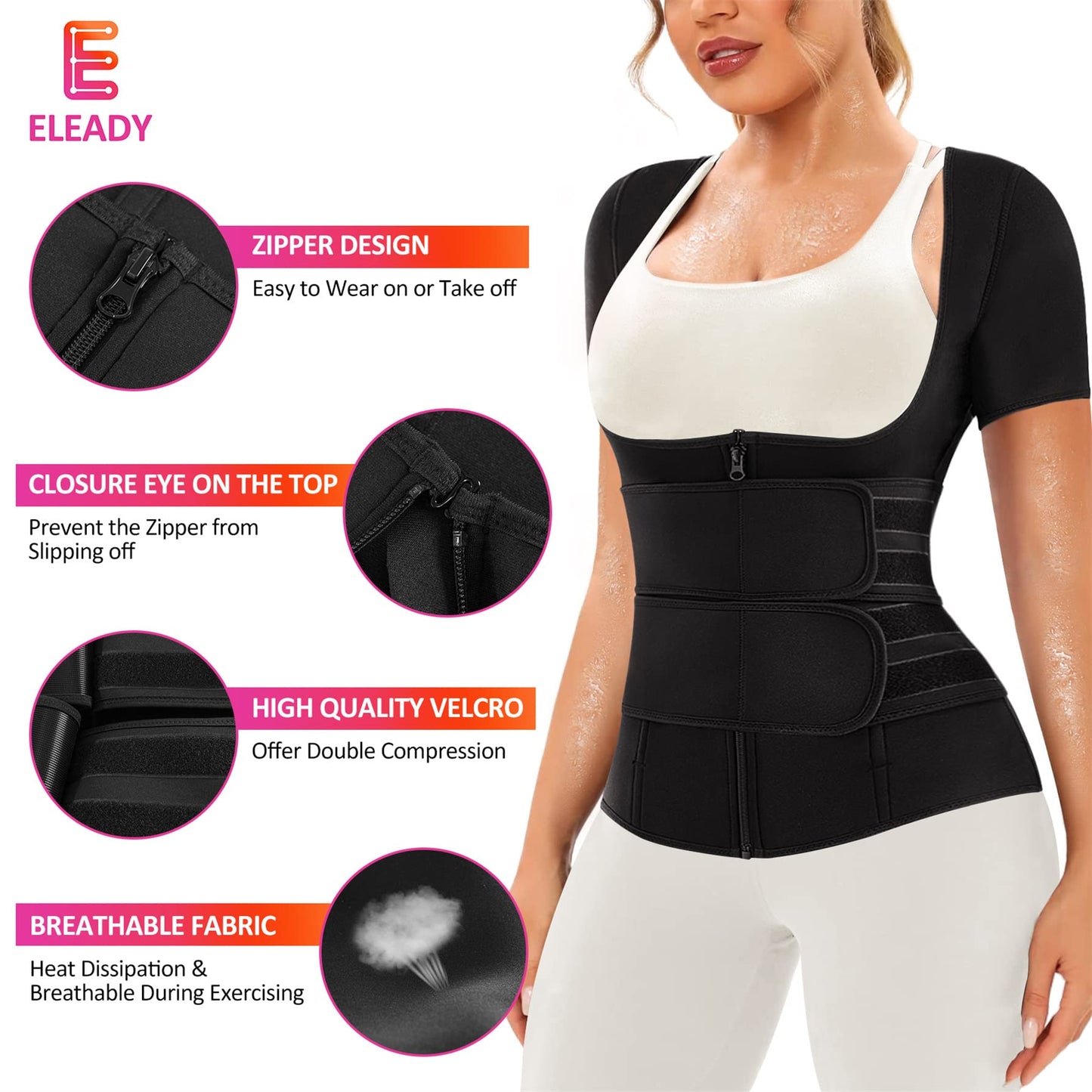 Eleady Women Waist Trainer Corset Trimmer Belt Neoprene Sauna Sweat Suit Zipper Body Shaper with Adjustable Workout Tank Tops (Black, Small)