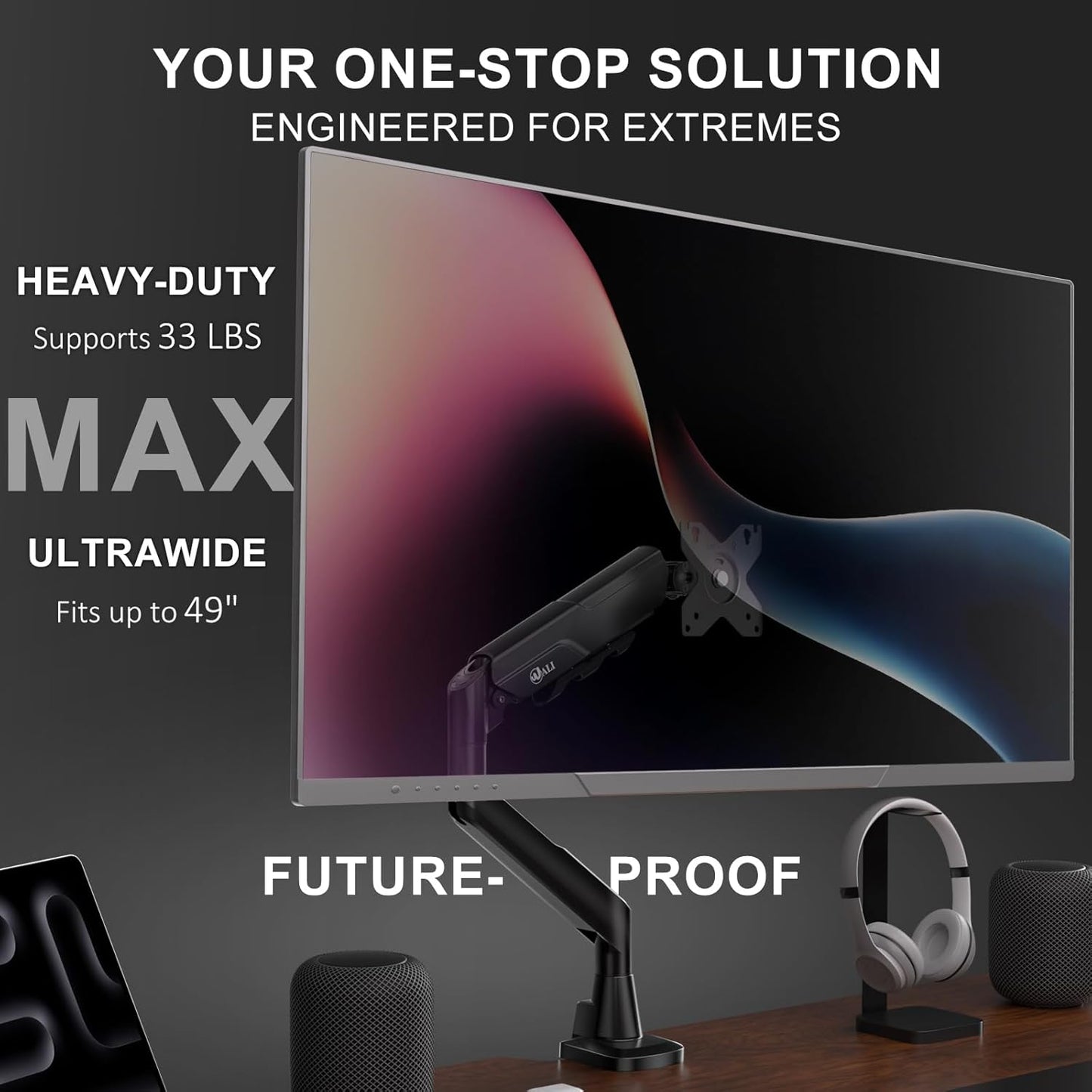 WALI 17-49 Inch 33 Lbs, 75/100mm (GSM001XLN), Heavy Duty Single Monitor Arm for Flat Curved Ultrawide Screens, up