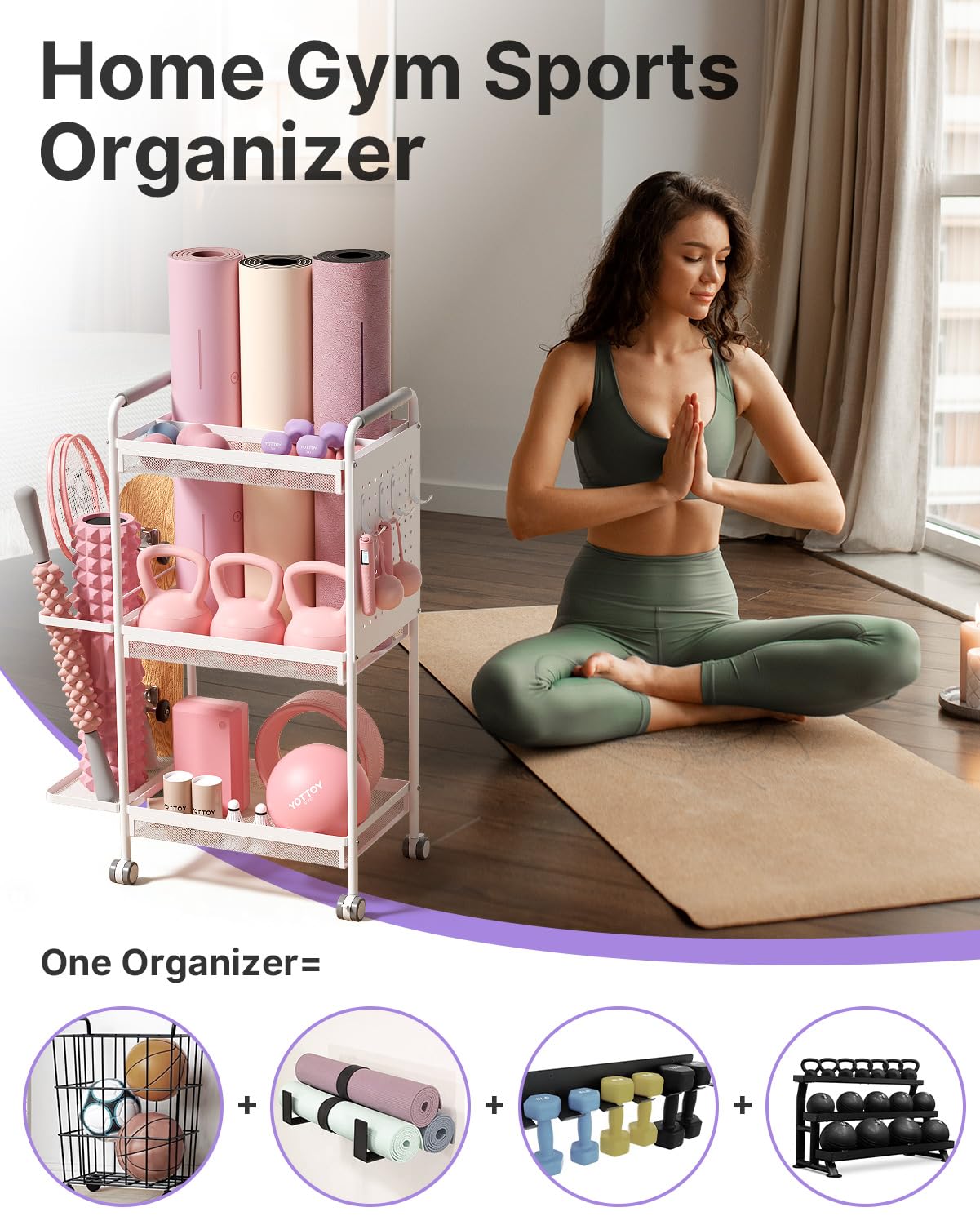 YOTTOY 3-Tier Gym Storage Rack for Home Gym–Multi-Functional Weight Rack, Dumbbell Rack, Yoga Mat Holder with Side Basket & 6 Hooks, Gym Equipment Organizer (White)