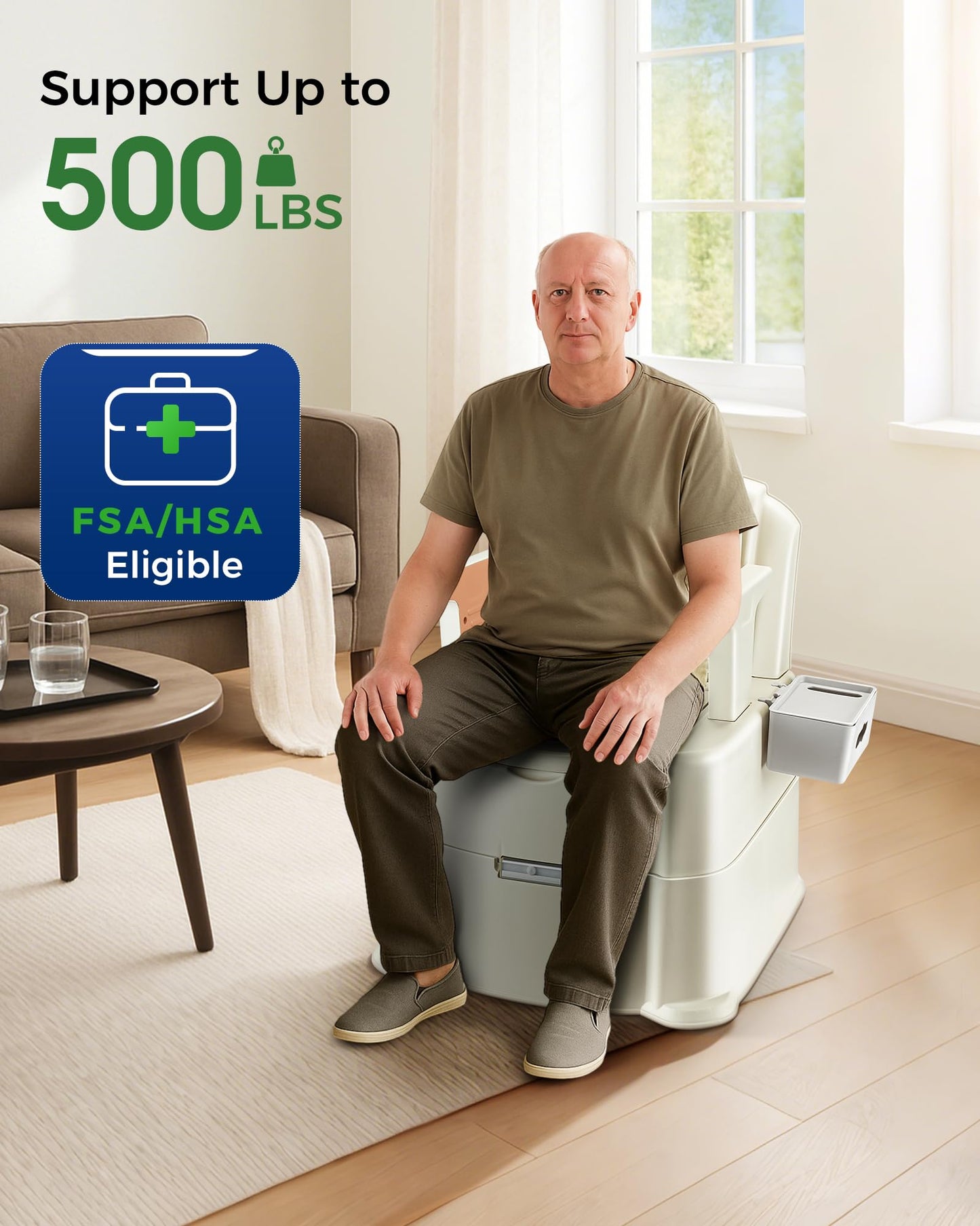 HygiVital Bedside Commode, 500lbs Heavy Duty & Upgraded Commode Toilet Potty Chair, Portable Camping Toilet, Detachable Armrests, Automatic LED Light, 2-Level Height, 3 Rolls of Commode Liners 【Green】