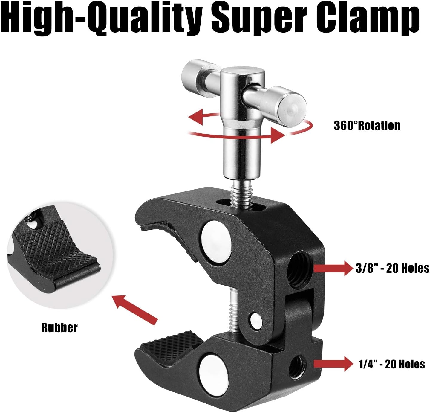WANBY 1/4" 3/8" Double Ballhead Magic Arm Camera Clamp Mount Monitor Mount Bracket with Super Clamp with and Thread