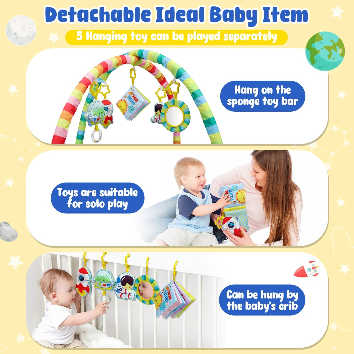 OKOOKO Baby Play Mat, Activity Baby Play Gym with Arch, Solor System Playmats & Floor Gyms, Alphabet Mat, Detachable Mirror, Thick Non Toxic Playmats for 0+