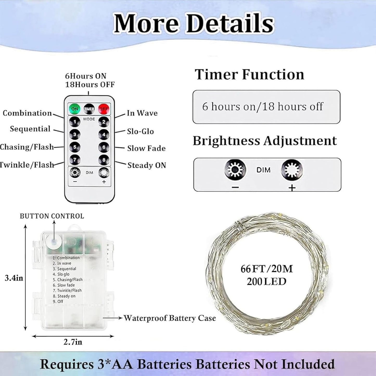 Skiennix 66FT Battery Operated Fairy Lights - 200 LED Waterproof String Lights with Remote & Timer for Indoor/Outdoor Decor | Cool White