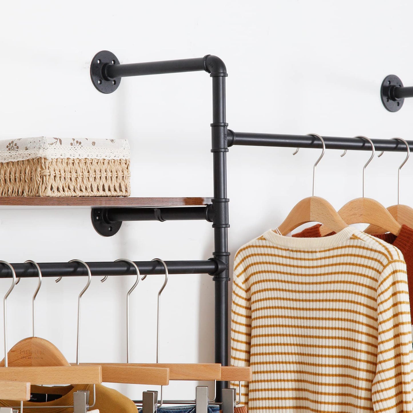 EDCB Clothes Rack Wall Mounted Clothing Rack Heavy Duty Metal Garment Rack Hanging Clothes Rack, Closet Hanger Rack with Shoe Rack (Black, 92.1X76.8inch)