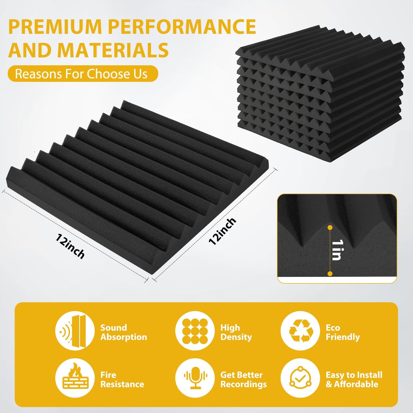 Saiqiang 56 Pack Acoustic Foam Panels, 1" x 12"x 12" Sound Proof Foam Panels For Wall Fire Resistant, Noise Cancelling Dampening Sound Absorbing Black Wedge Panels For Studio Recording & Office & Home
