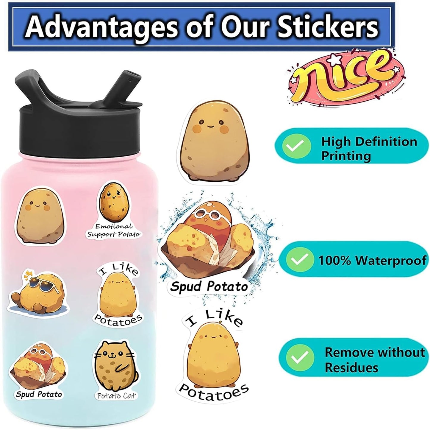 WASHBO 50Pcs Potato Stickers Funny Cartoon Potato Vinyl/PVC Decals for Kids Boys Girls, Cute Stickers for Water Bottles
