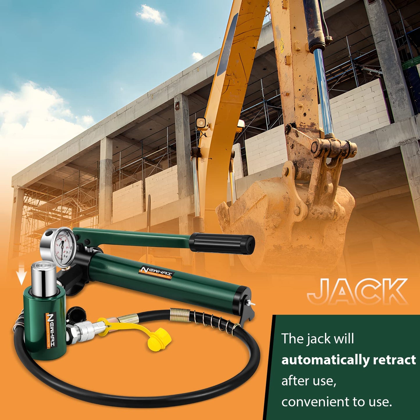 Newhai 10 ton 2” Hydraulic Ram Jack+ cp-180 Hand Pump with Pressure Gauge Hydraulic Porta Power 10 ton kit Low Profile Short Cylinder