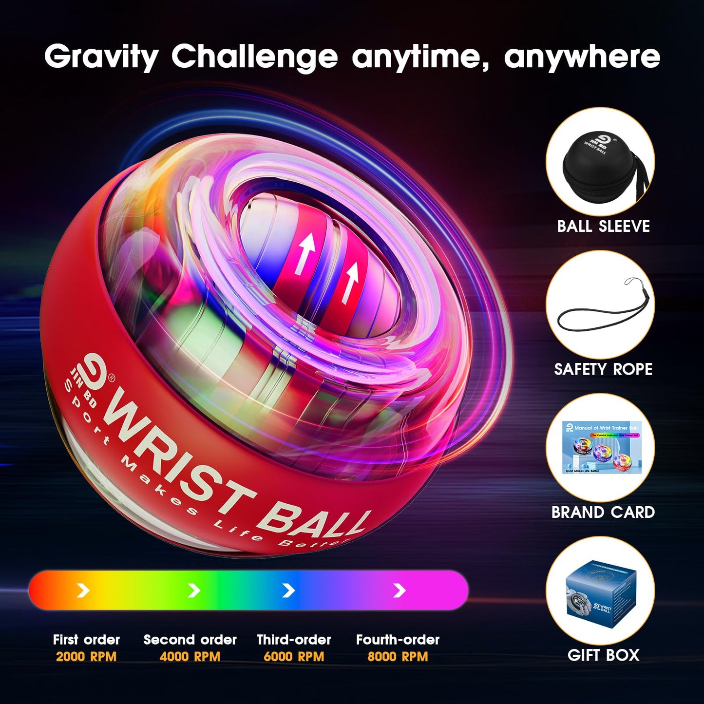 JIN BD Auto-Start Gyro Ball Wrist Trainer, Gyroscopic Forearm Exerciser for Strengthening Arms, Fingers and Muscles (Light Red Transparent with Colorful Lights)
