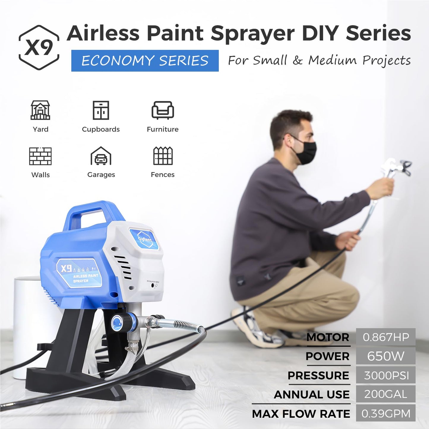 Gyfent X9 Airless Paint Sprayer, 0.39GPM Paint Sprayer for Home Interior 650W 3000psi Airless Sprayer with Low Overspray Adjustable Pressure & Motor Speed for House Painting DIY Garage