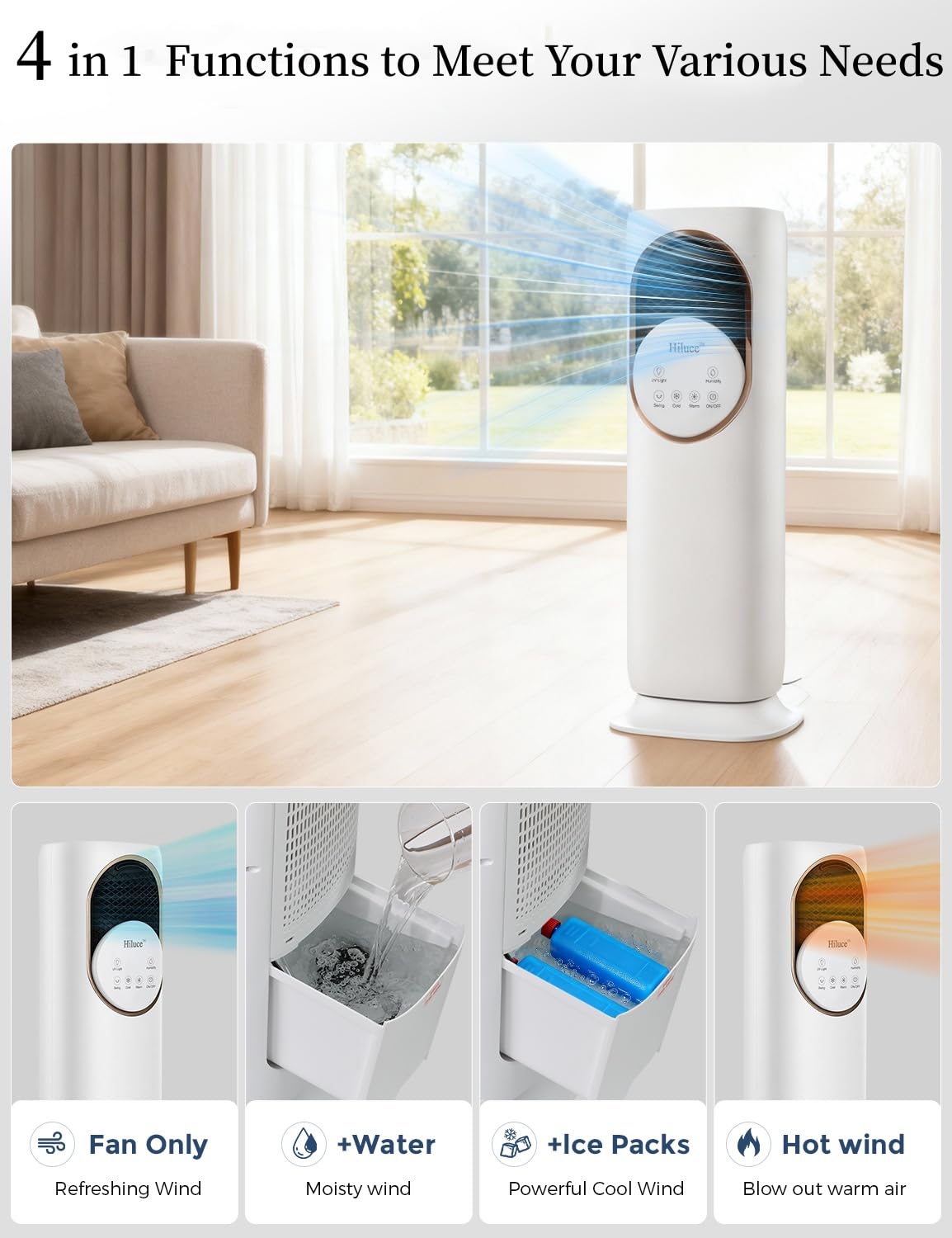Hiluce 4-IN-1 Evaporative Air Swamp Cooler,Quiet Fan and Heater Combo,28 ft/s Tower Fans that Blow Cold Air,Removable Water Tank,Ice Packs,180°Oscillating,2 Heating & 3 Cooling Speeds,9H Timer