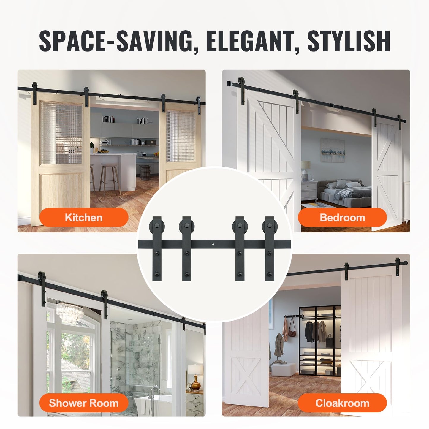 VEVOR 8FT Sliding Barn Door Hardware Kit - 330LBS Heavy Duty Double Door Track, Smooth & Silent Pulley System, Fits 2 Door Panels (3.7-4.3FT Total Wide, 1.3"-1.8" Thick)