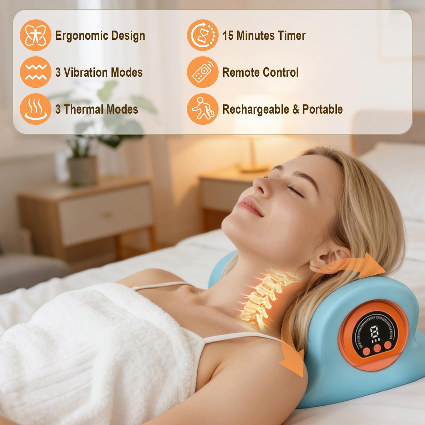 Kalamera Heated Neck Massager Pillow with Vibration Rechargeable Ergonomic Neck Traction Device for Stretching Pain Relief Deep Tissue Portable Cervical Massager for Home Office Travel Relaxation