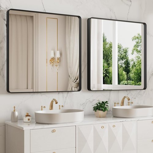 LOAAO Black Metal Framed Bathroom Mirror - 38x38 Inch Rounded Rectangle, Anti-Rust, Versatile Hanging Options