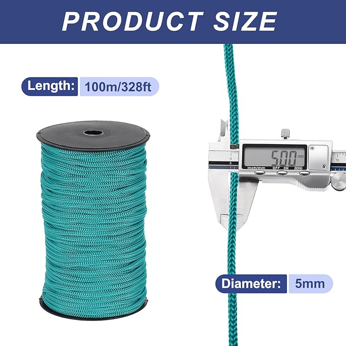 MECCANIXITY 3/16 Inch Polypropylene Rope Braided Ropes, 328ft Nylon Rope Hollow Utility Cord for Clothesline, Camping, Hiking, Outdoor, Peacock Green