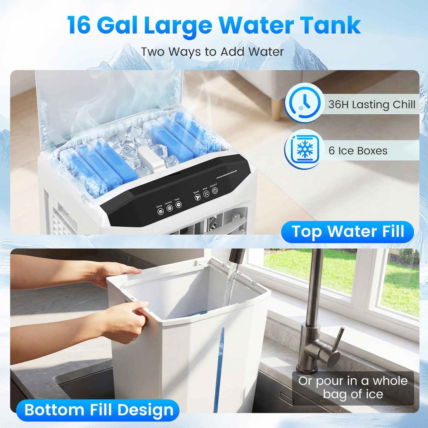 Auertech Evaporative Air Cooler, 16 Gal Detachable Water Tank Swamp Cooler with 6 Ice Packs, Portable Room Cooling Fan, Windowless Air Conditioners for Workshop Garage Patio Indoor Outoor